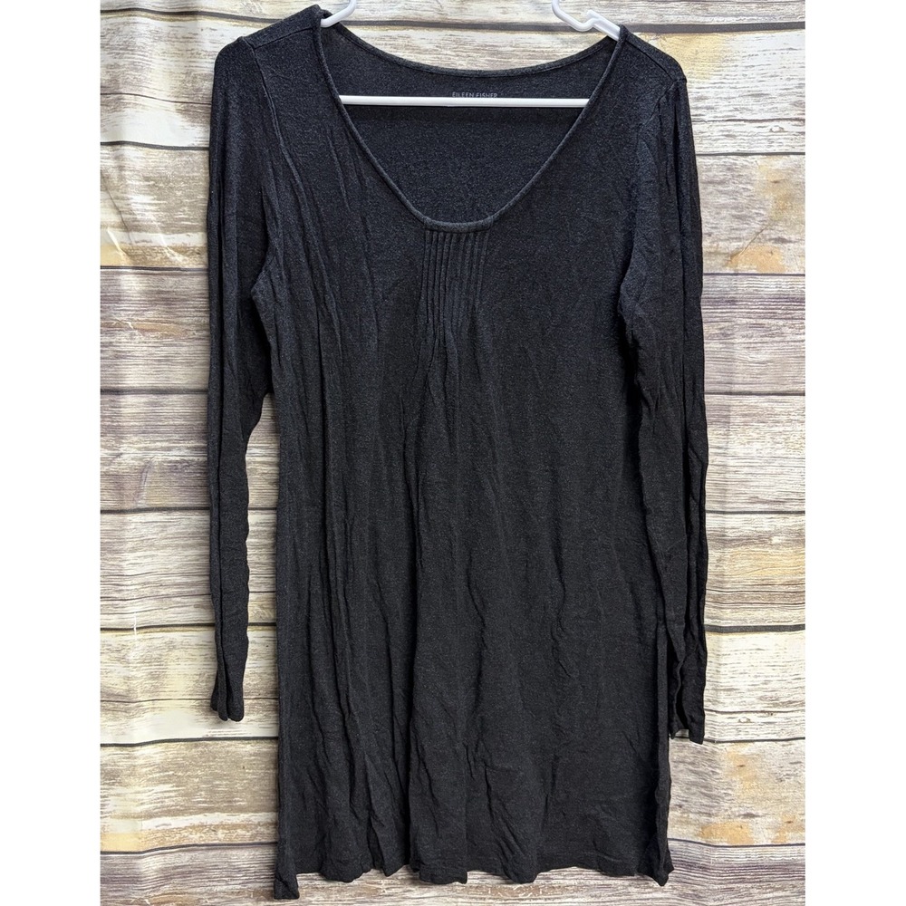 Eileen Fisher Gray Viscose Stretch Pleated Neck Long Sleeve Midi A-Line Dress M